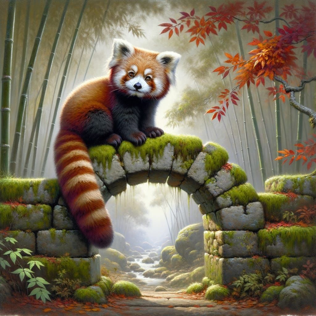 Red Panda on Archway in Autumn Forest