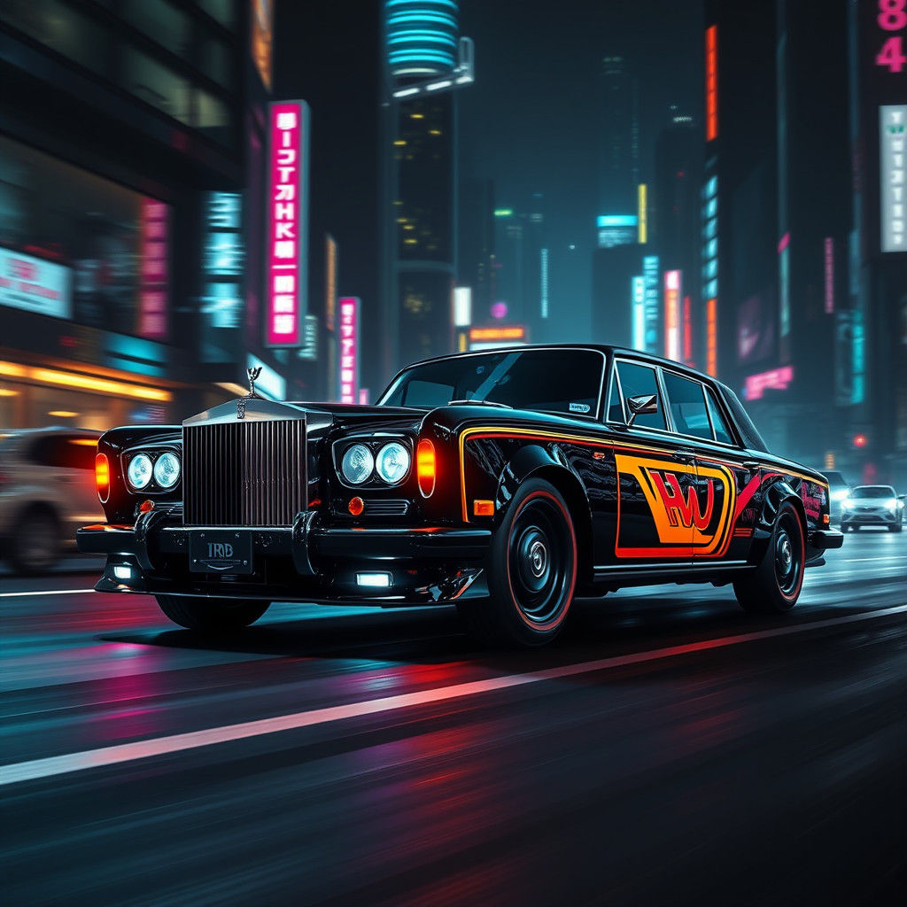 Futuristic Rolls Royce in Neon Cityscape, Digital Illustrati...