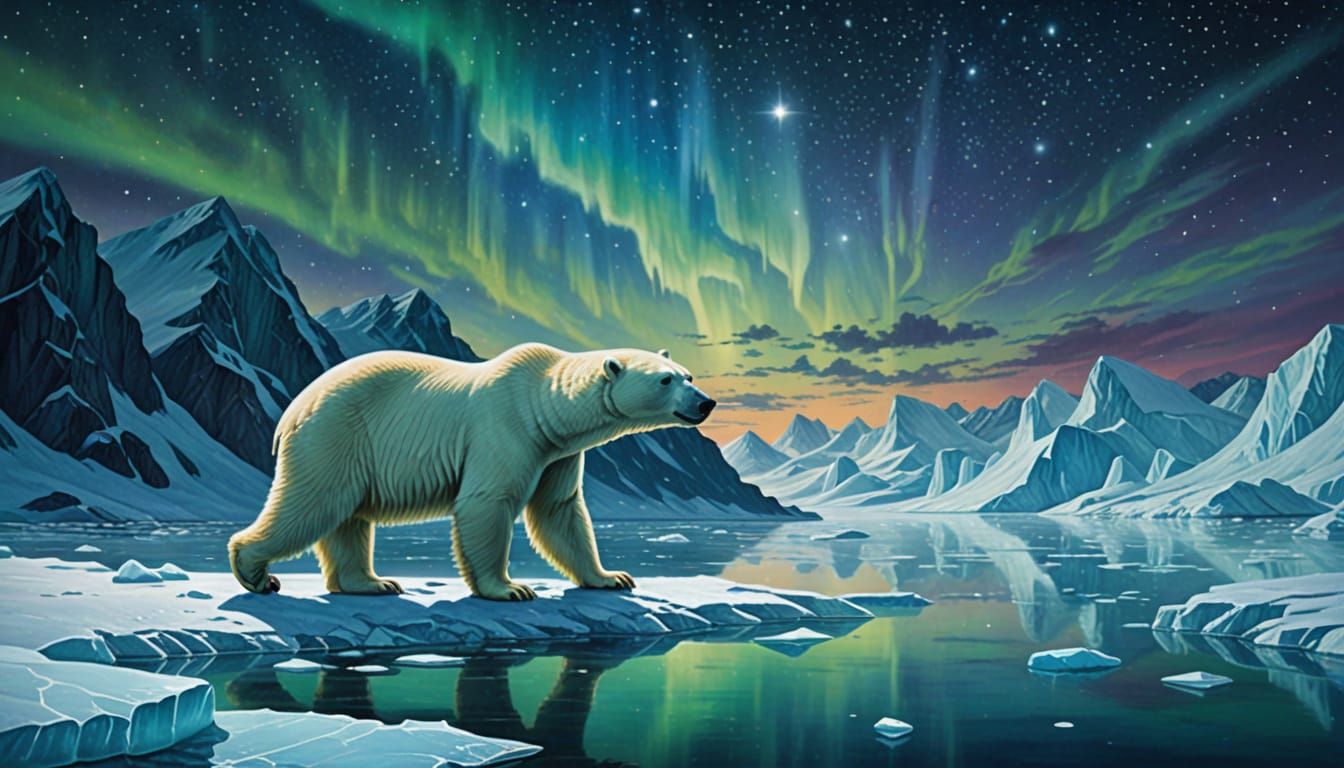 Mystical Polar Bear in Starry Night