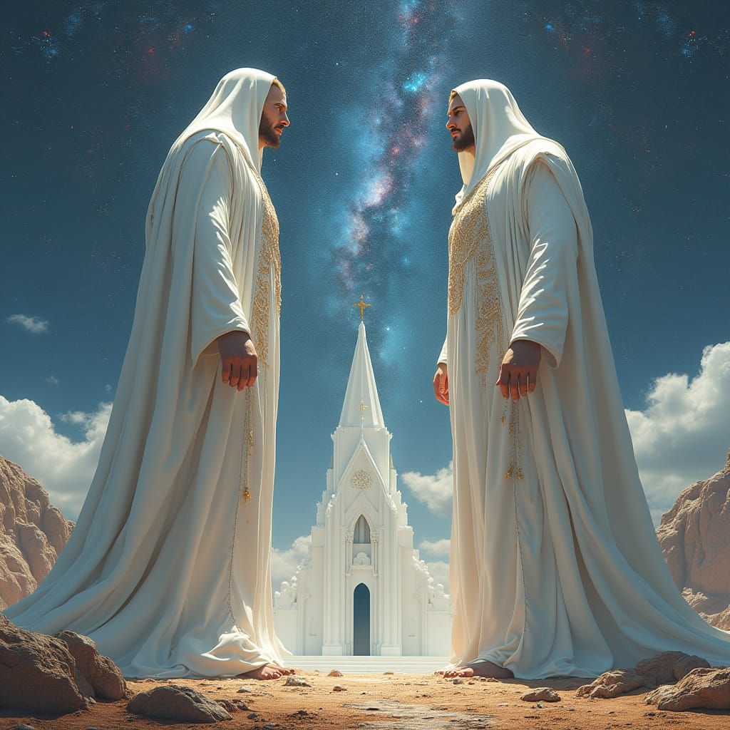 Colossal Guardians of the Cosmos in Elegant White Robes