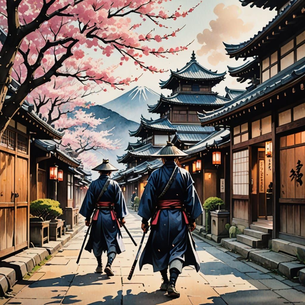 Samurai in Japanese Town: Ink Painting Style