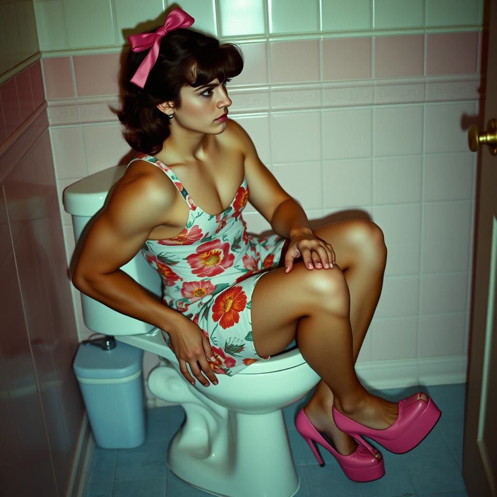 Muscular Man Crossdresses as 1950s Housewife in Vibrant Flow...