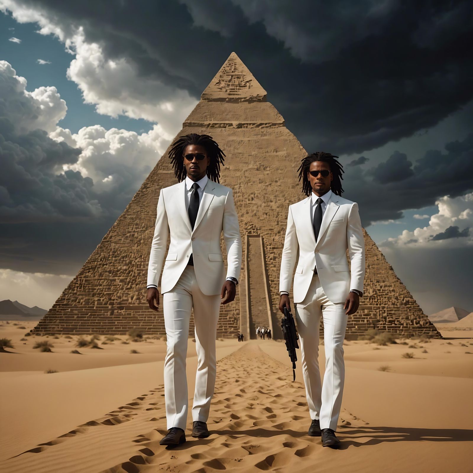 Matrix Twins Climb Giza Pyramid: Epic Digital Art