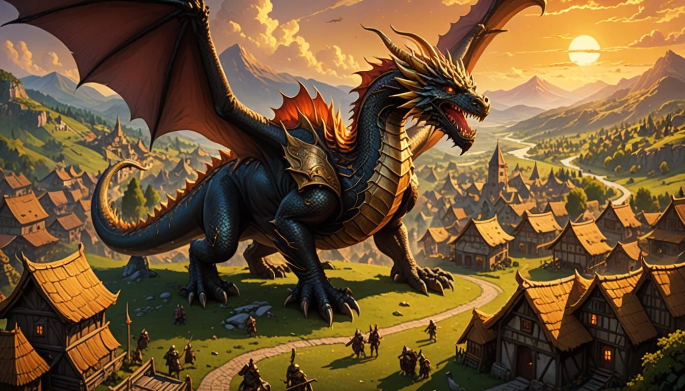 Gold Dragon Defends Village: Fantasy Digital Art
