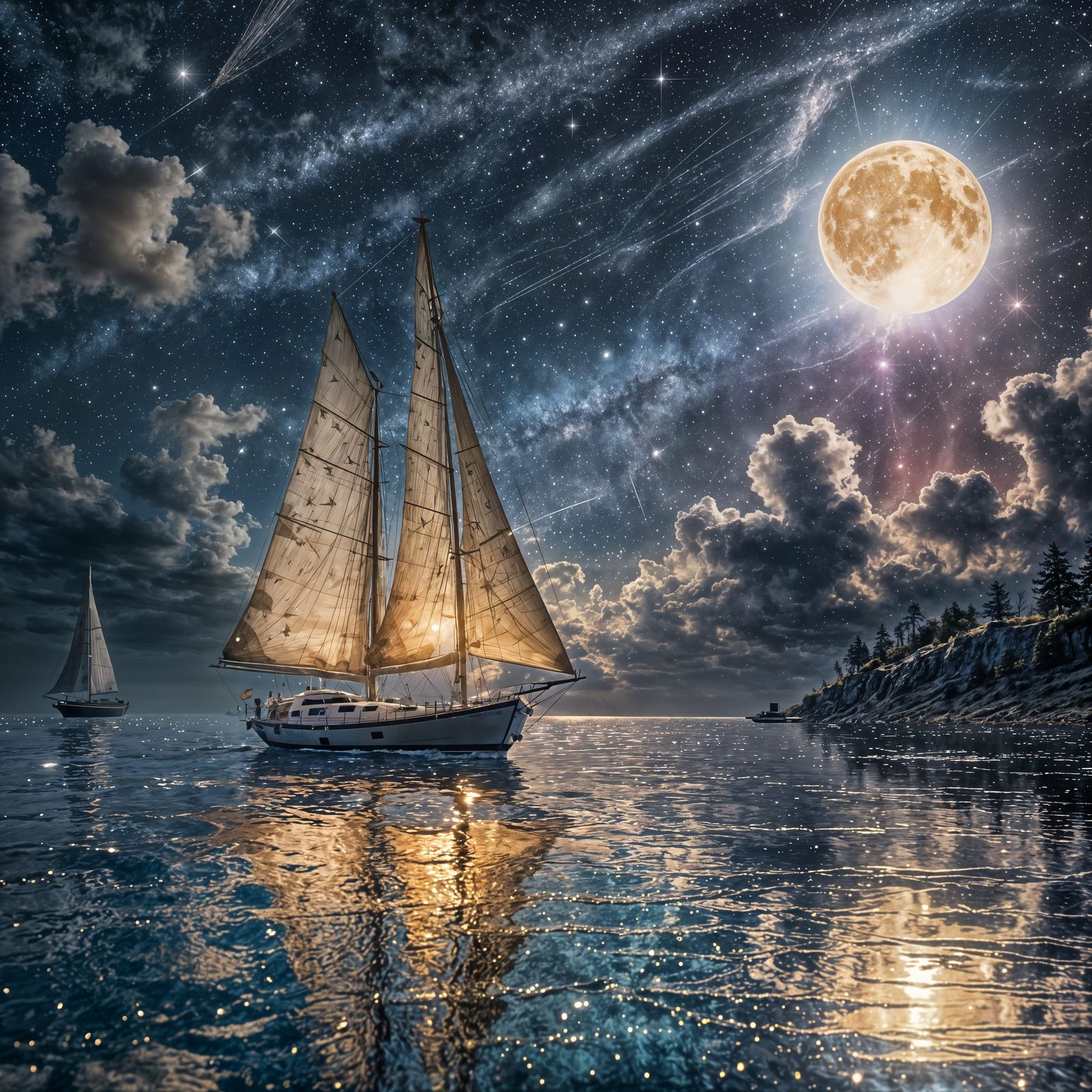 Sailboat Silhouette Under Silver Moon in Impressionist Style