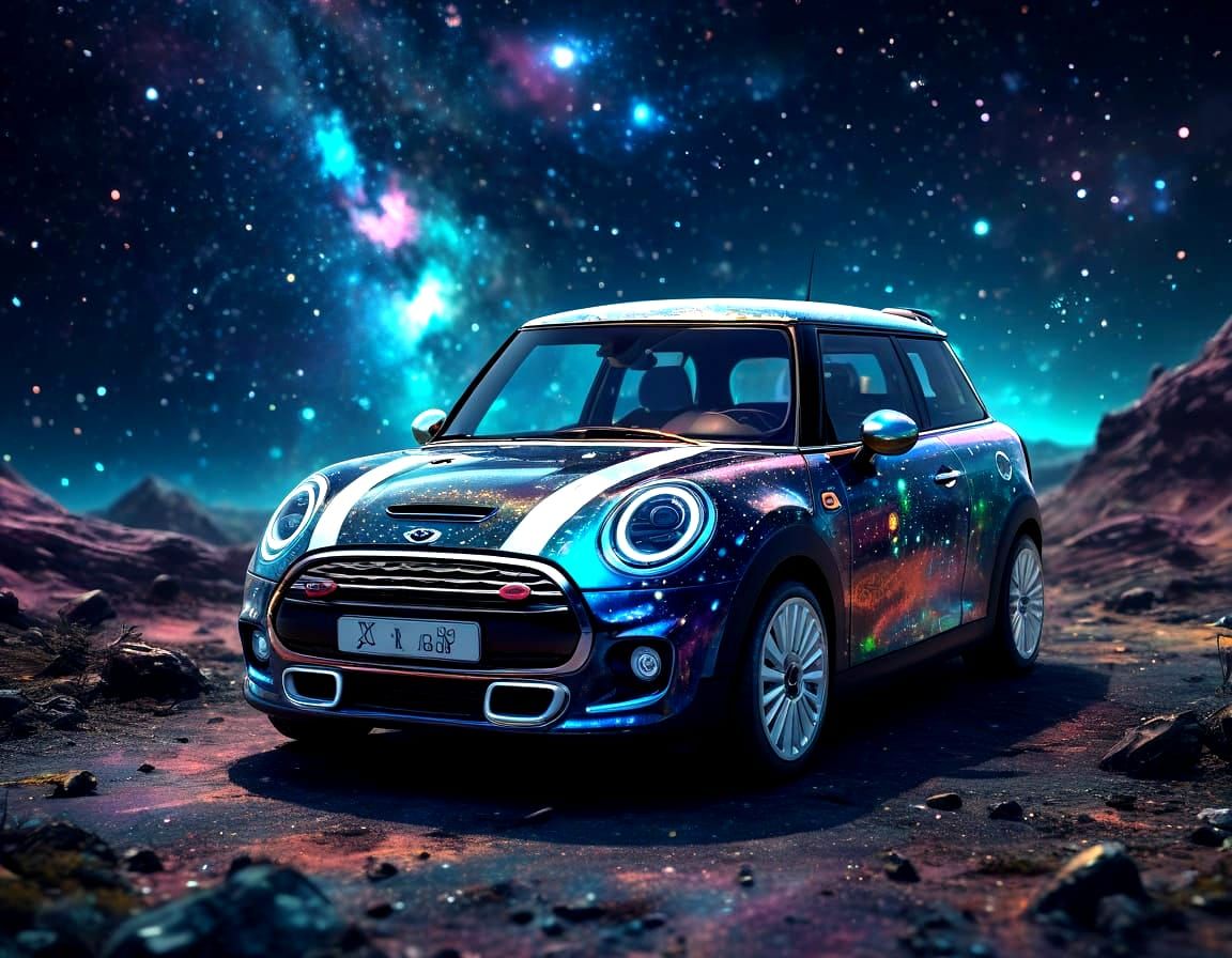 Cosmic Mini Cooper in Space: Psychedelic Neon Art