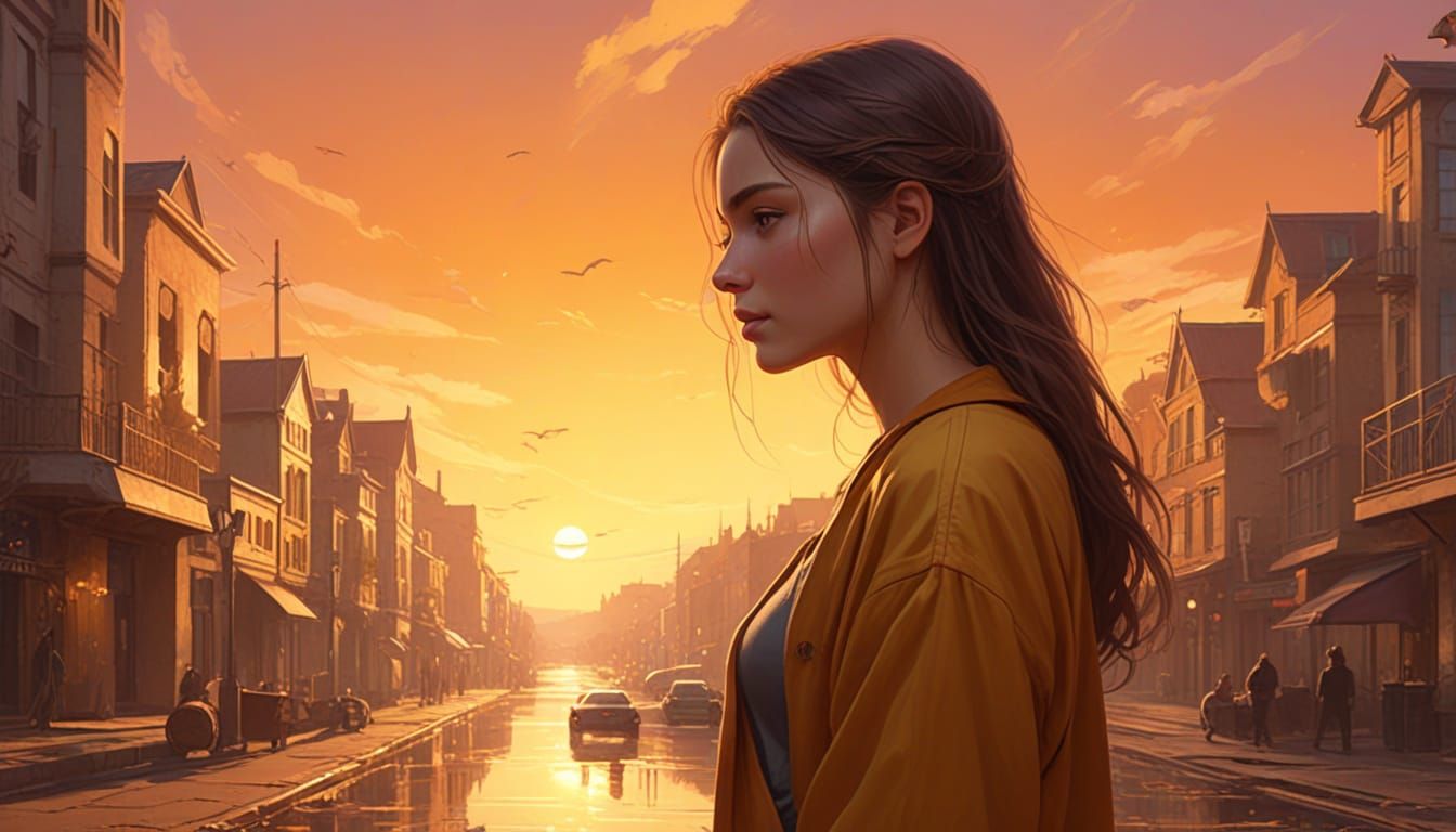 Young Woman at Crossroads in Golden Light, Digital Painting
