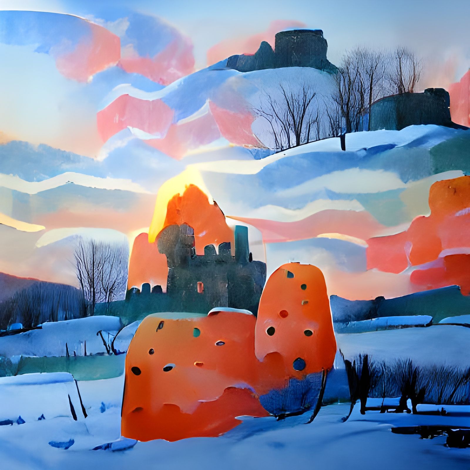 Stone Castle at Sunrise: A Gouache Winter Scene