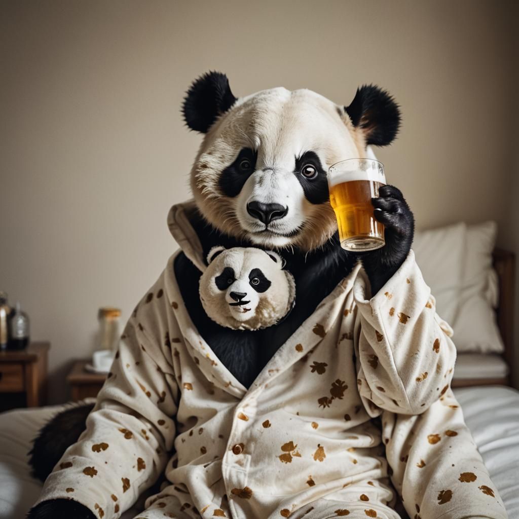 Panda in Pajamas Drinking Beer: Conceptual Portrait