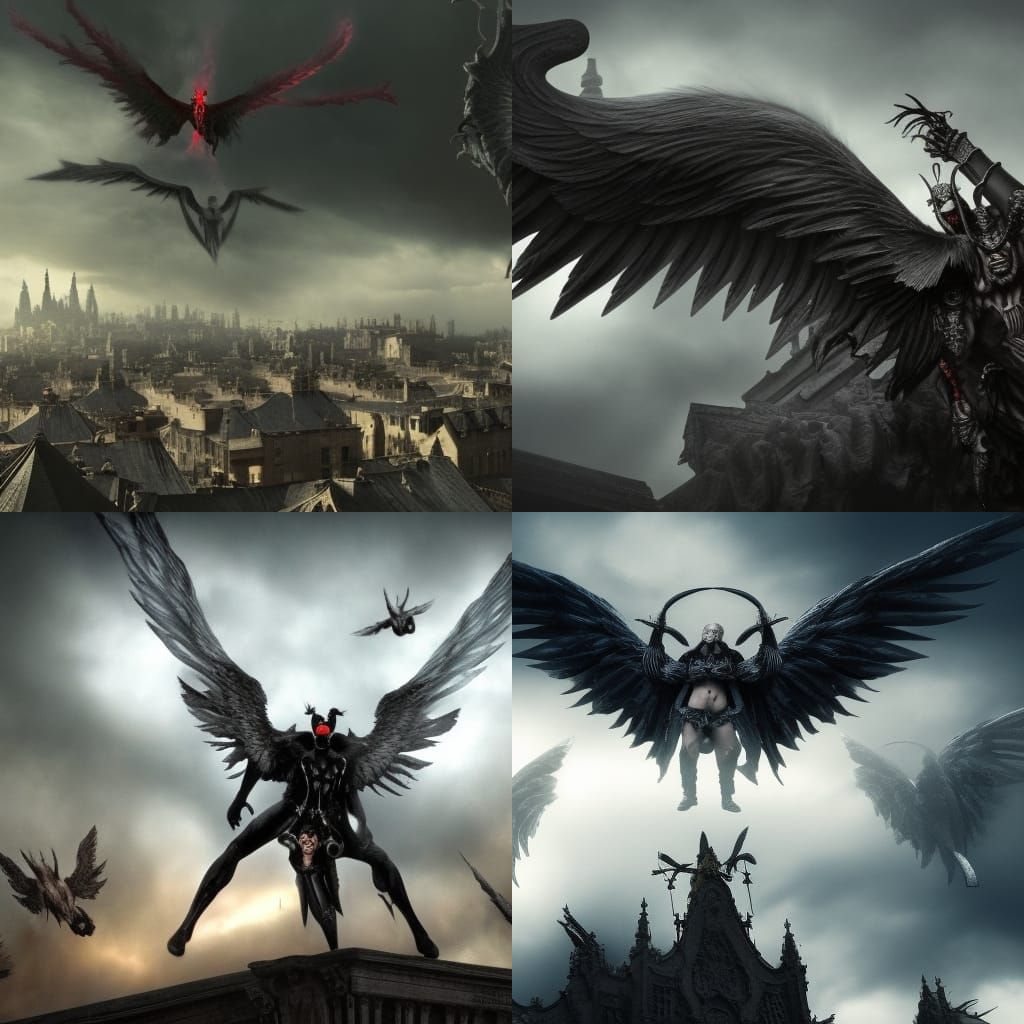 Azazel Battles Angels Atop Roof in Digital Painting