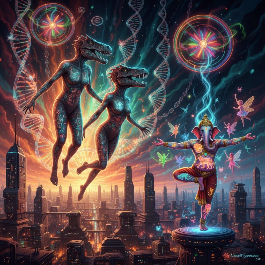 Futuristic Humanoid Hybrids in Luminous Metropolis