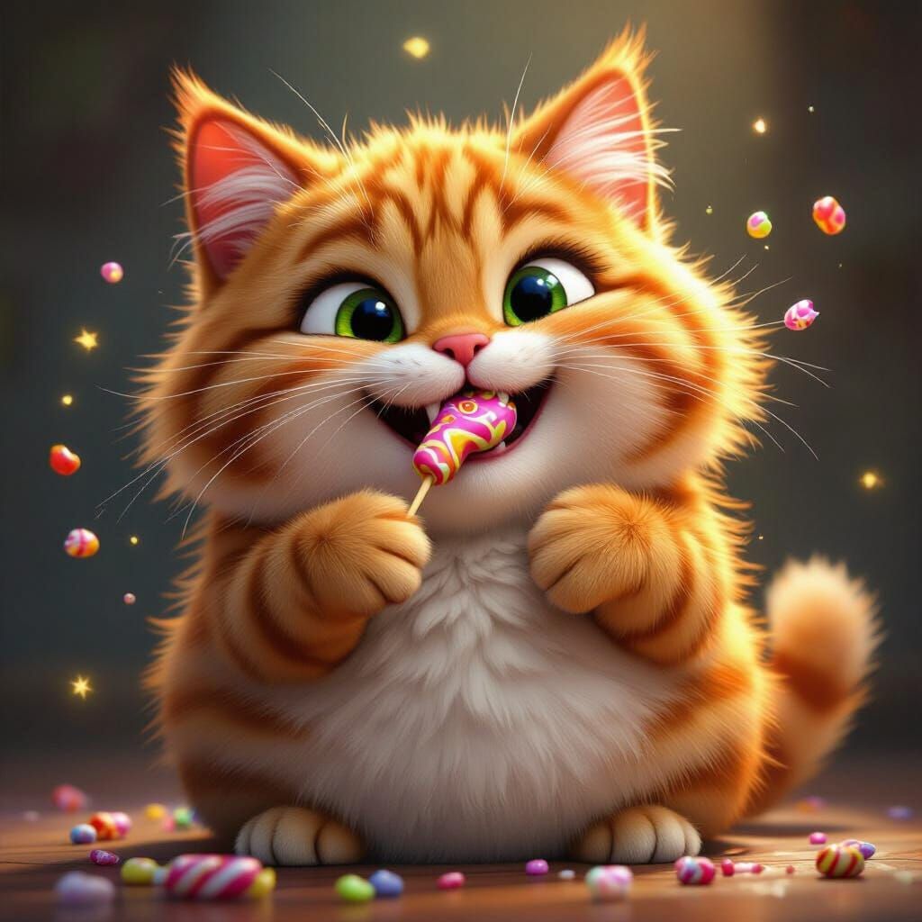 Orange Tabby Cat Bites Candy: Pixar-Style 3D Art