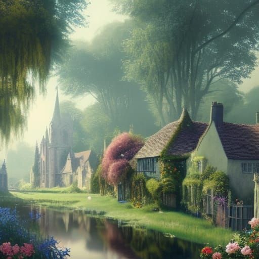 Victorian Village with Turquoise River, Hyperdetailed Digita...