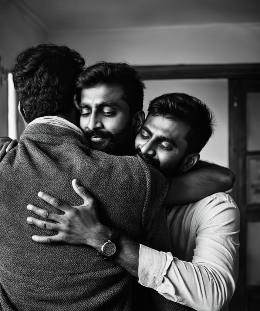 Three Men Embracing in Intimate Moment, Indian, Black, White...