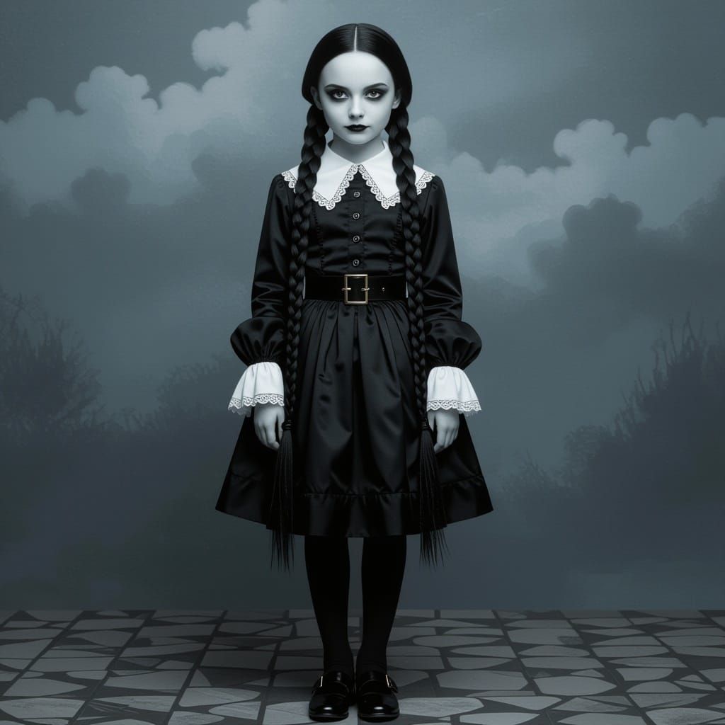 Gothic Girl in Black Silk Dress Before Creepy Castle