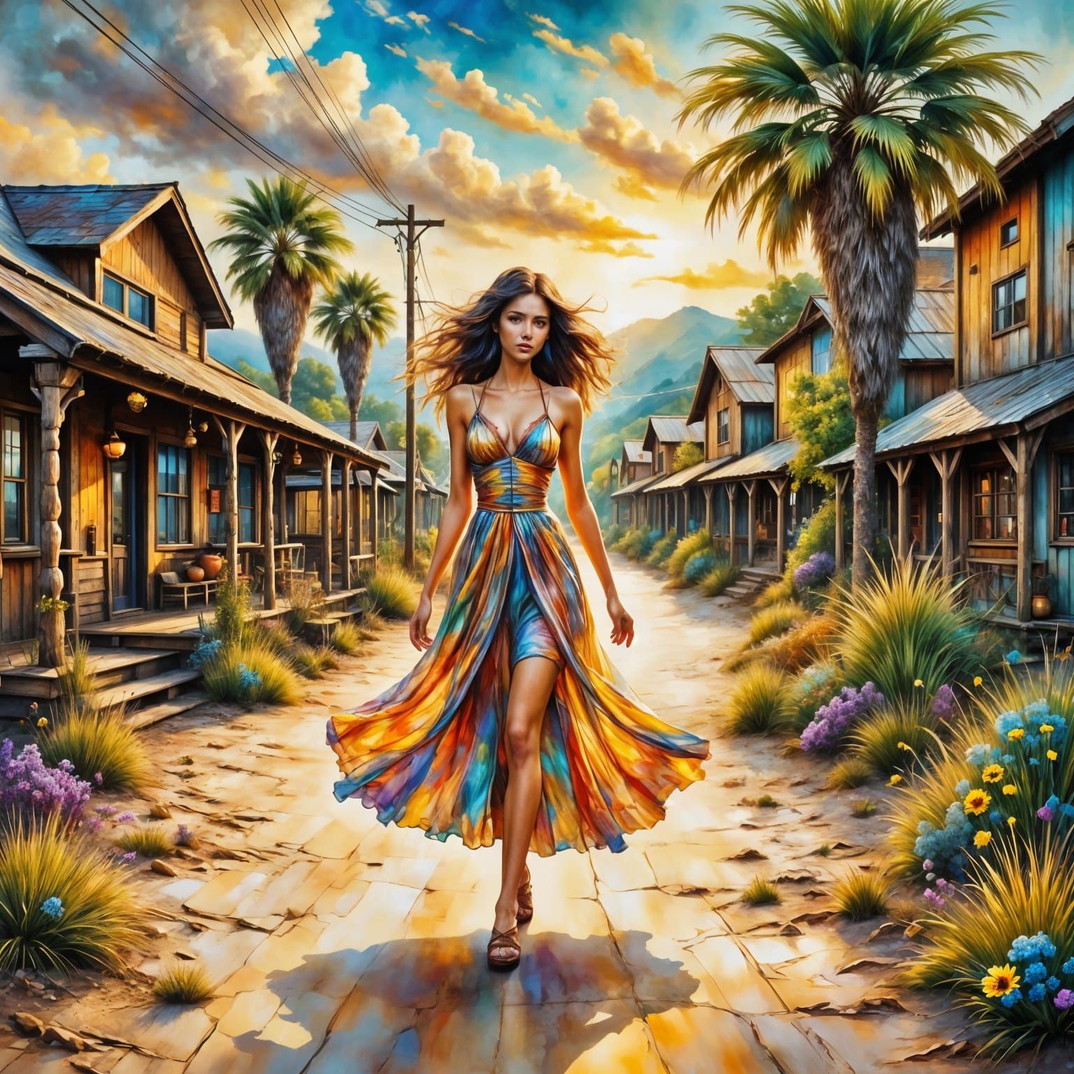 Charming Small Town Woman in Neo-Expressionist Oil Painting