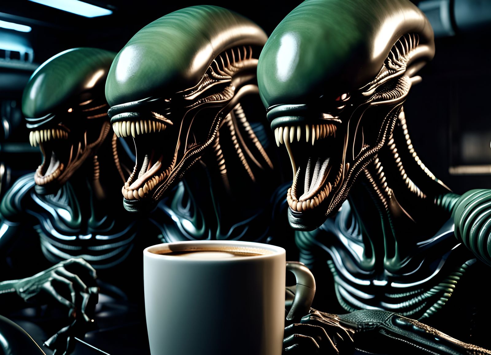 Xenomorphs Enjoying Coffee in Surreal Photo