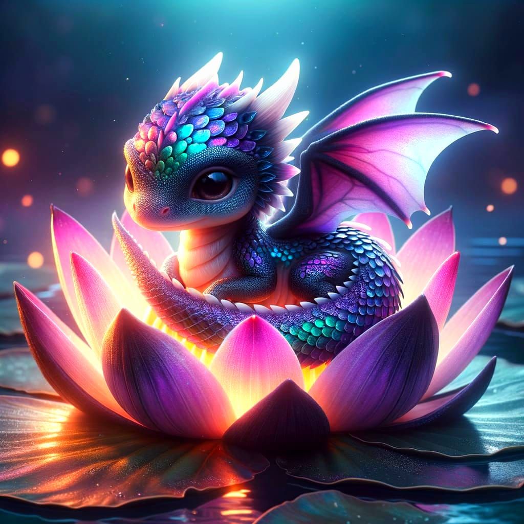 Whimsical Dragon in a Glowing Lotus Flower