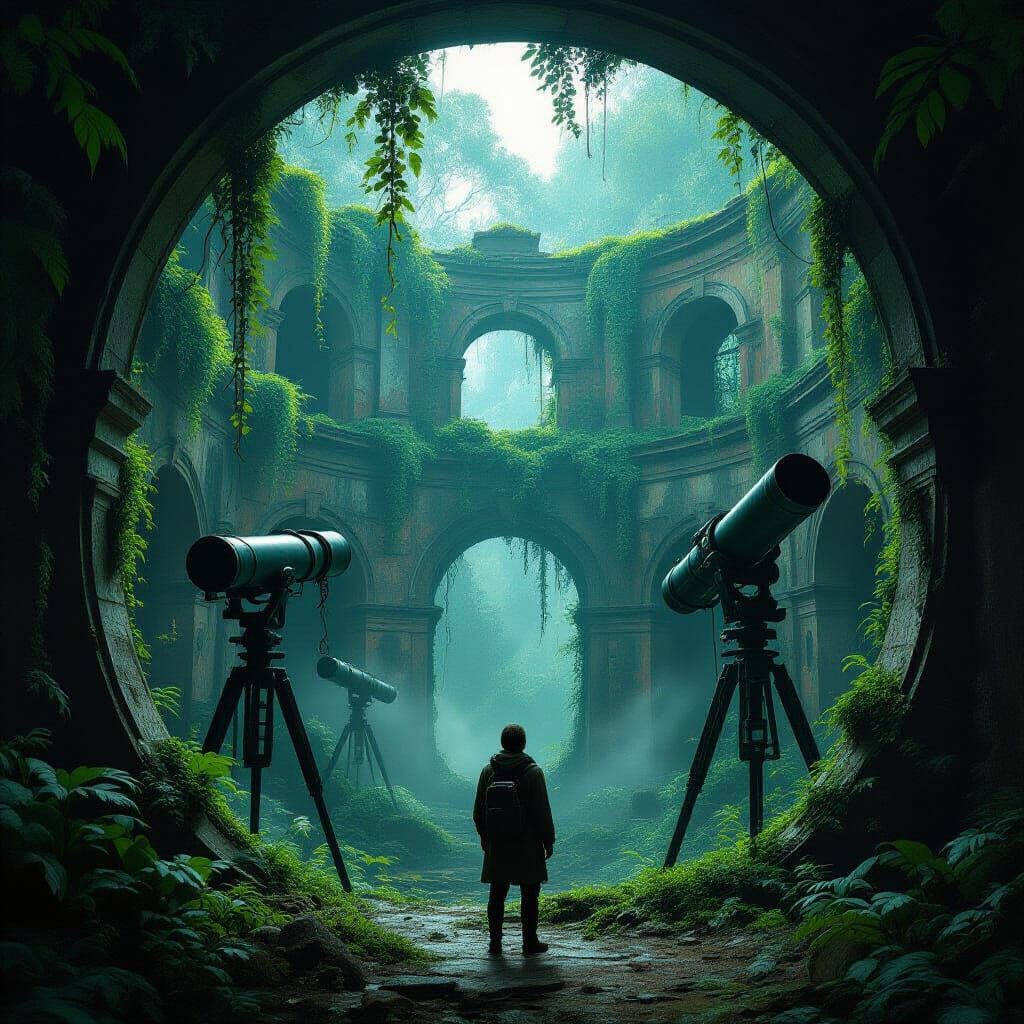 Explorer in Overgrown Jungle Observatory Ruins