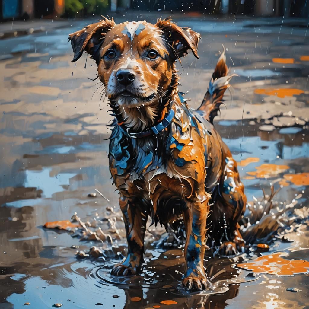 Cute Dog in Puddle: Abstract Expressionist Portrait