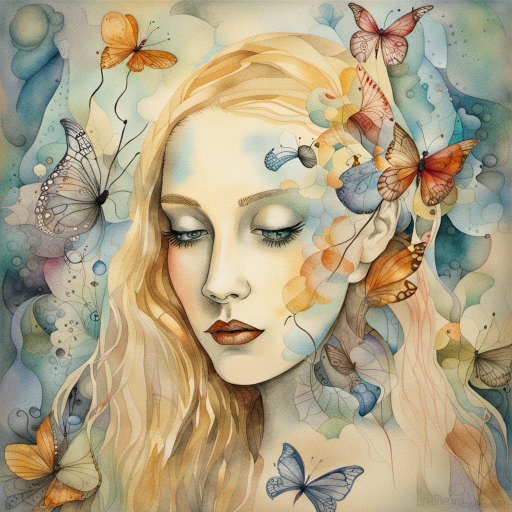 Butterfly Woman in Watercolor Dreamscape