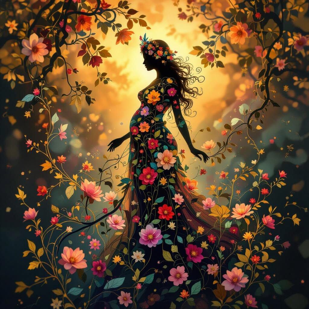 Goddess of Motherhood in Surreal Blossom Silhouette