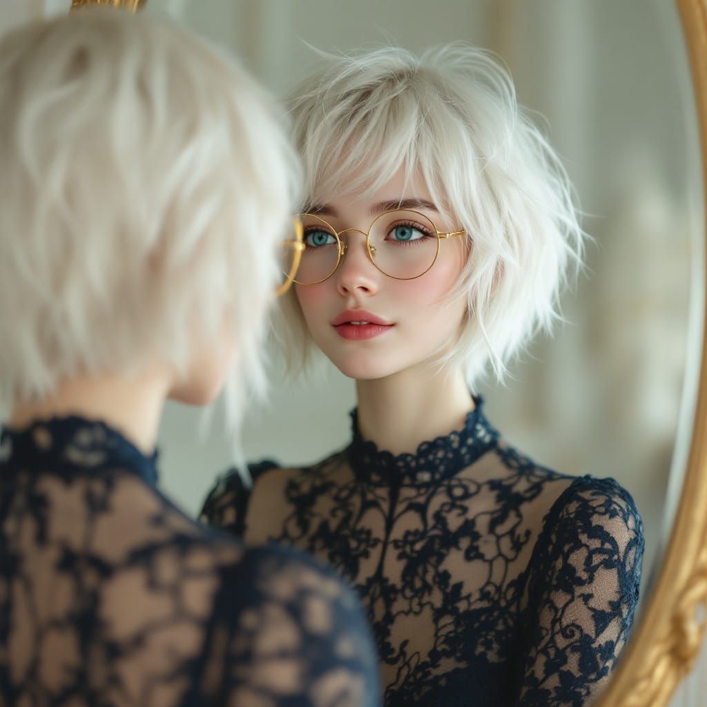 Ethereal Albino Teenager in Navy Lace Dress