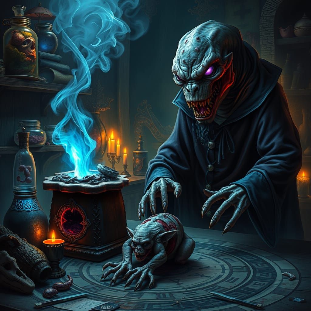 Dark Sorcerer in a Haunted Alchemy Laboratory