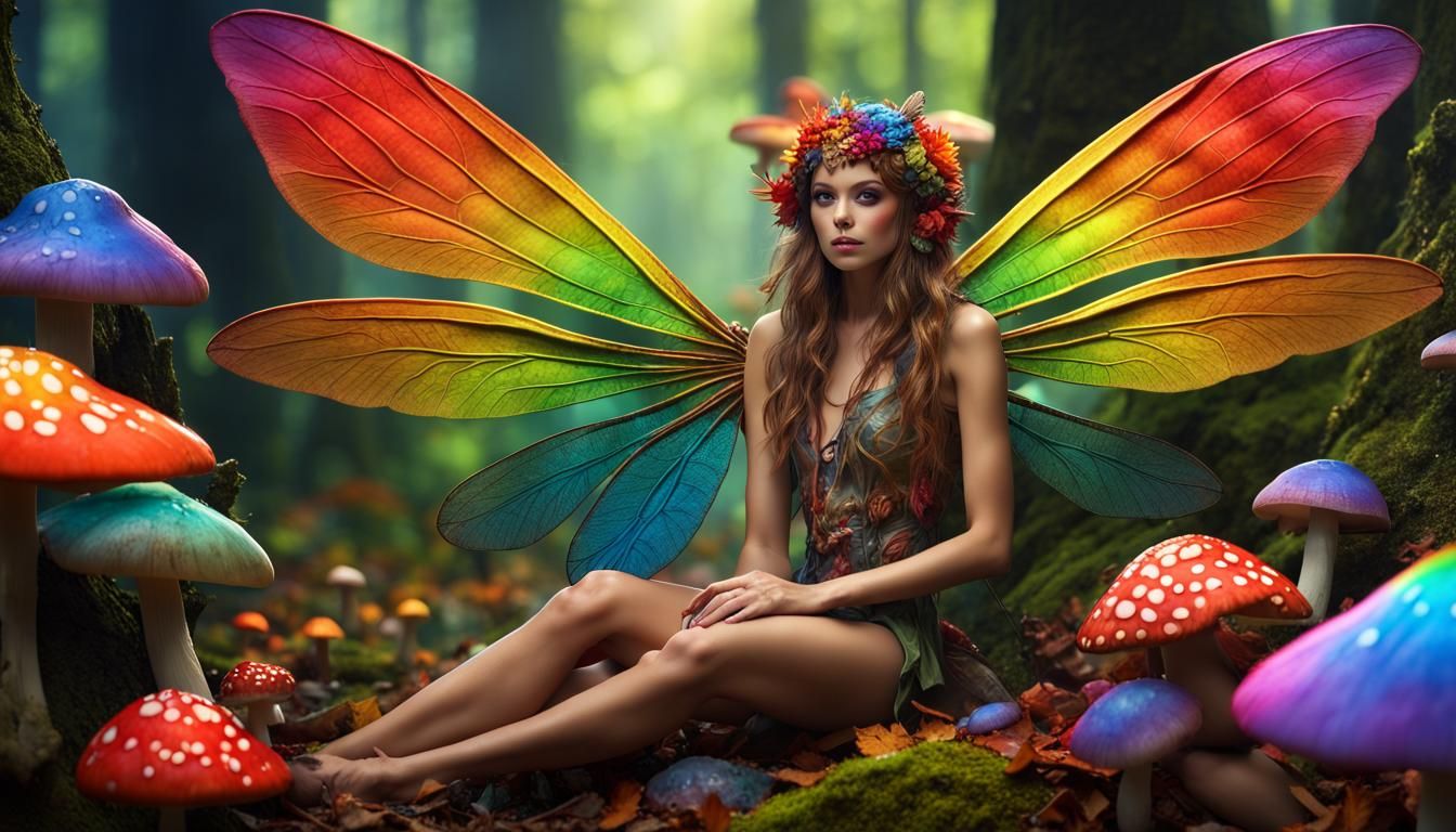 Rainbow Winged Fairy in Mushroom Forest