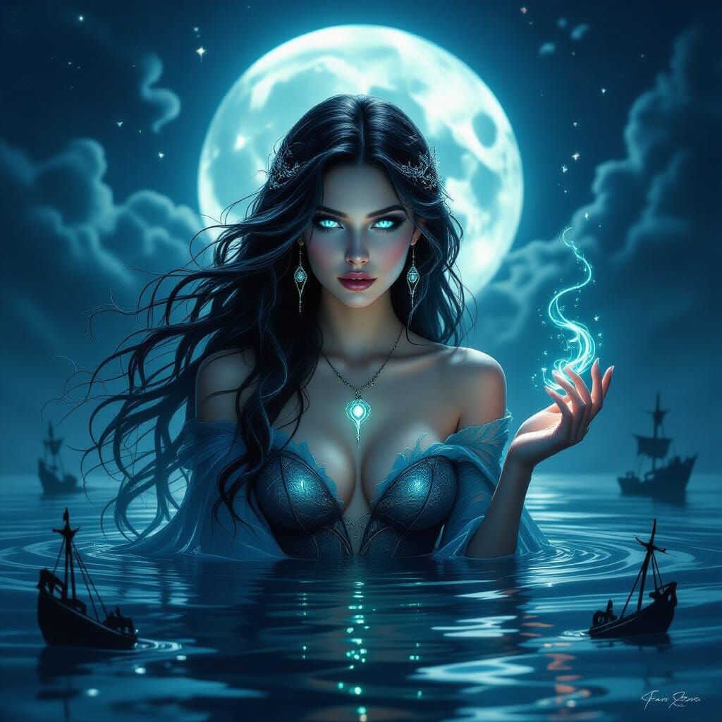 Siren Rises from Moonlit Waters in Dark Fantasy Style