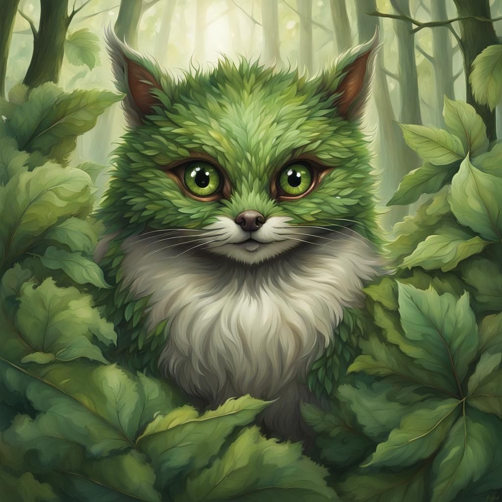 Odd Woodland Creature, Huge Intricate Green Eyes, Fuzzy Fur, Leaves under Leaves, Super Cute