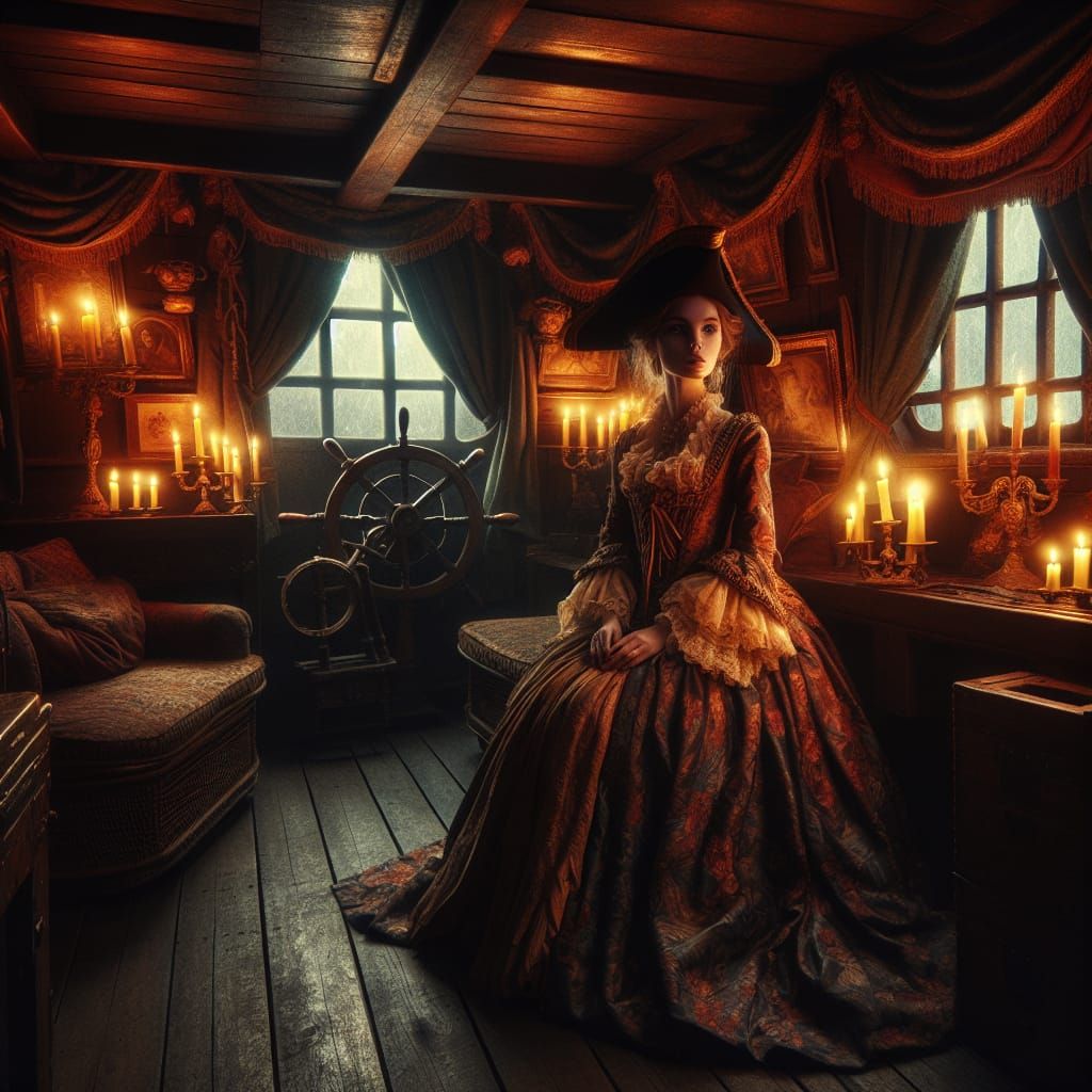 pirate captain cabin, 1 girl, 20 yers old female pirate captain, candelight, on pirate ship, frills, huge breast, dress,...
