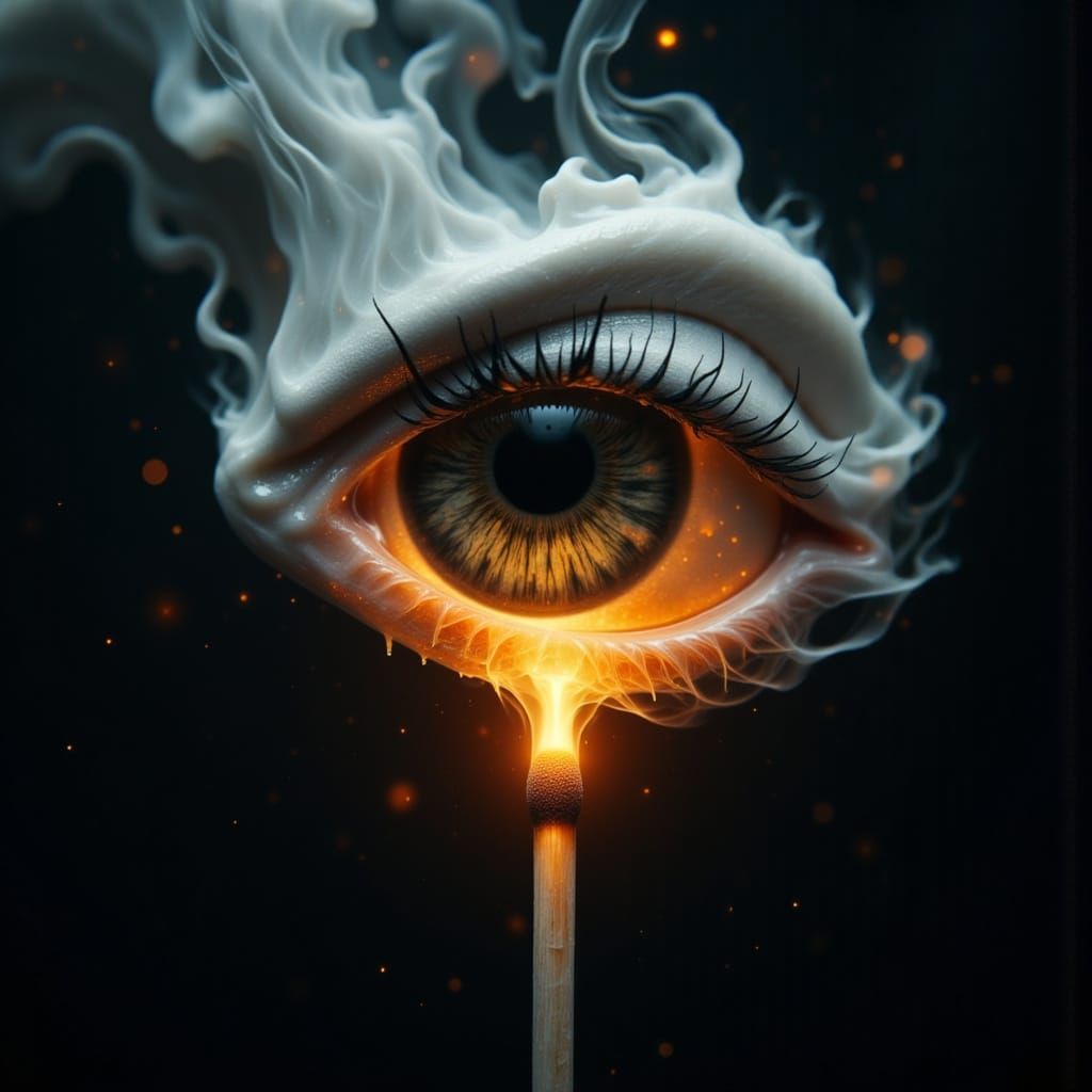 Burning Matchstick: Smoky Eye in Surreal Dreamscape