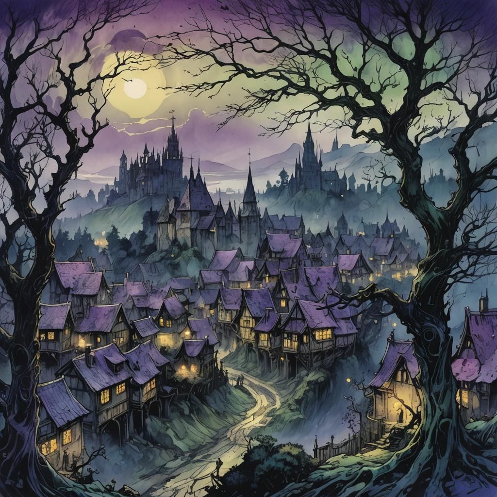 Mystical Medieval Town in Ethereal Mist
