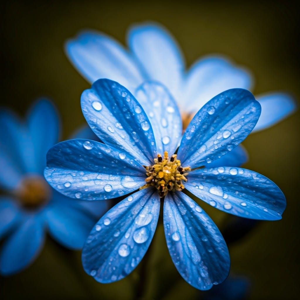 Delicate Blue Bloom Glistens in Rainy Light