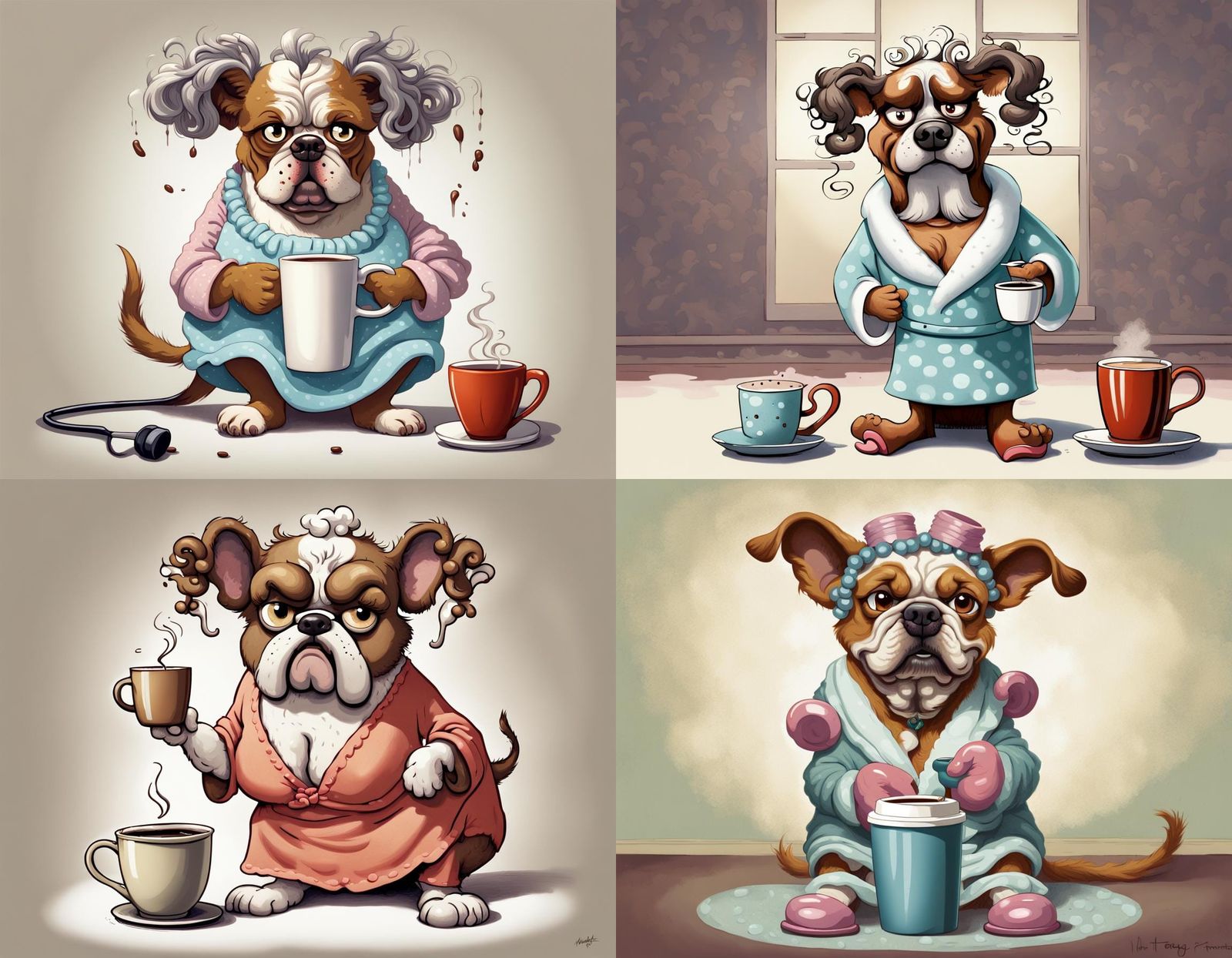 Grumpy Cartoon Dog with Curlers in Expressionist Style