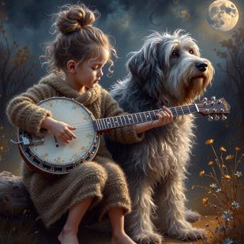 Child Plays Banjo With Dog Under Moonlit Sky