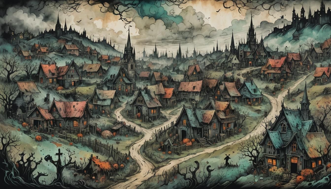 Eerie Gothic Village: Surreal Ink Illustration