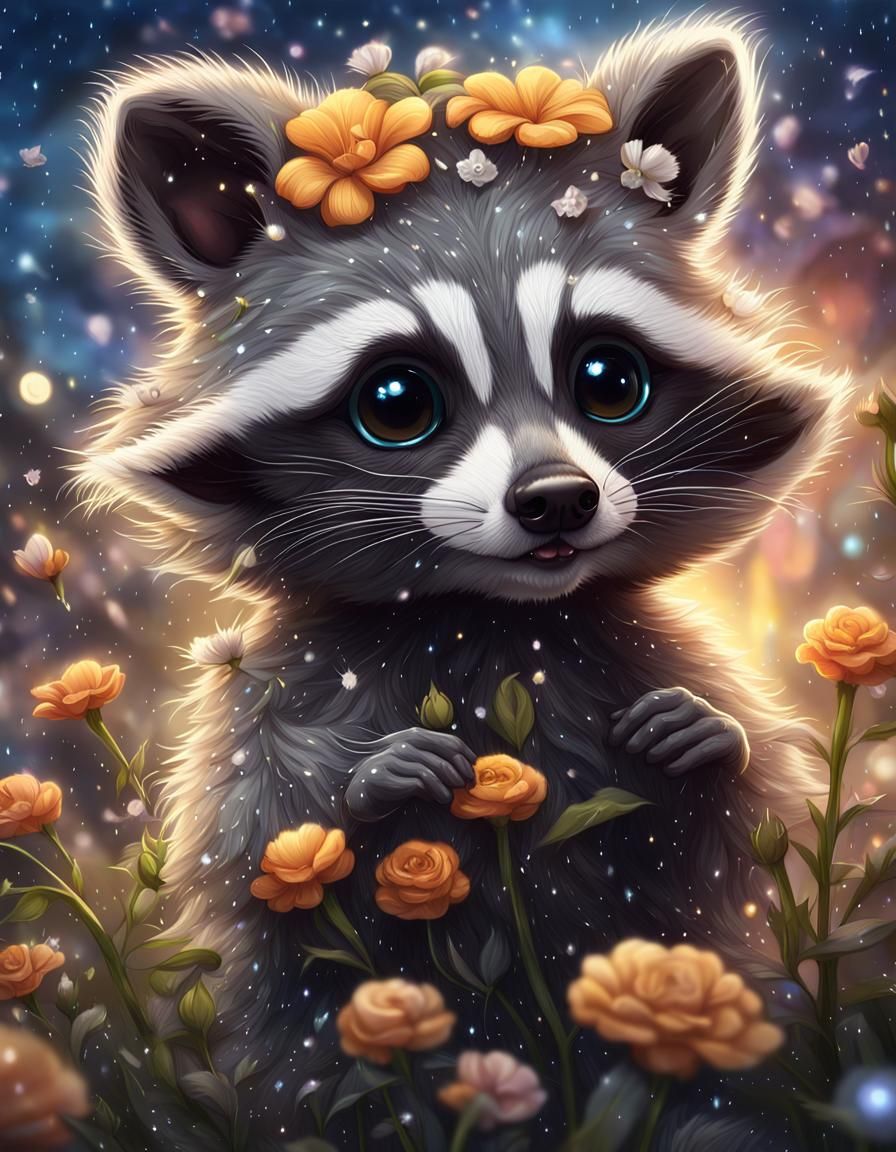 Fantasy Baby Raccoon Playing in Flower Rain