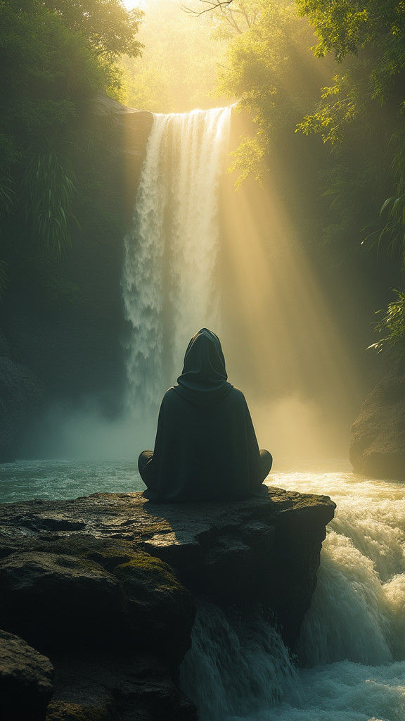 Meditating Figure at Waterfall in Golden Sunlight