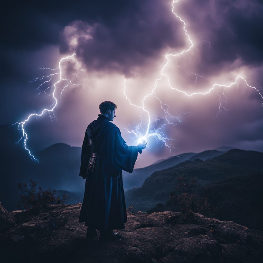 Dragon-Born Wizard Casting Lightning Spell in Dark Fantasy S...