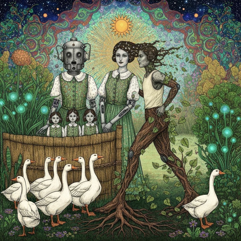 Folkloric Robot & Geese in Surreal Eco-Art Garden