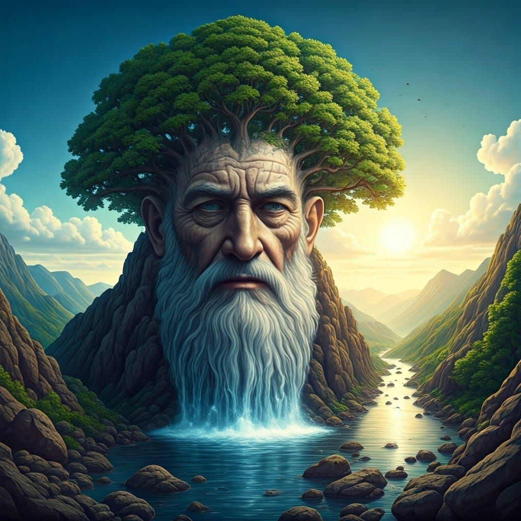 Surreal Cliff Face Portrait with Water Cascade