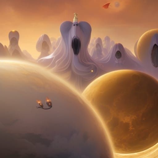 Cartoon Ghosts Approach Planet in Detailed Matte Painting