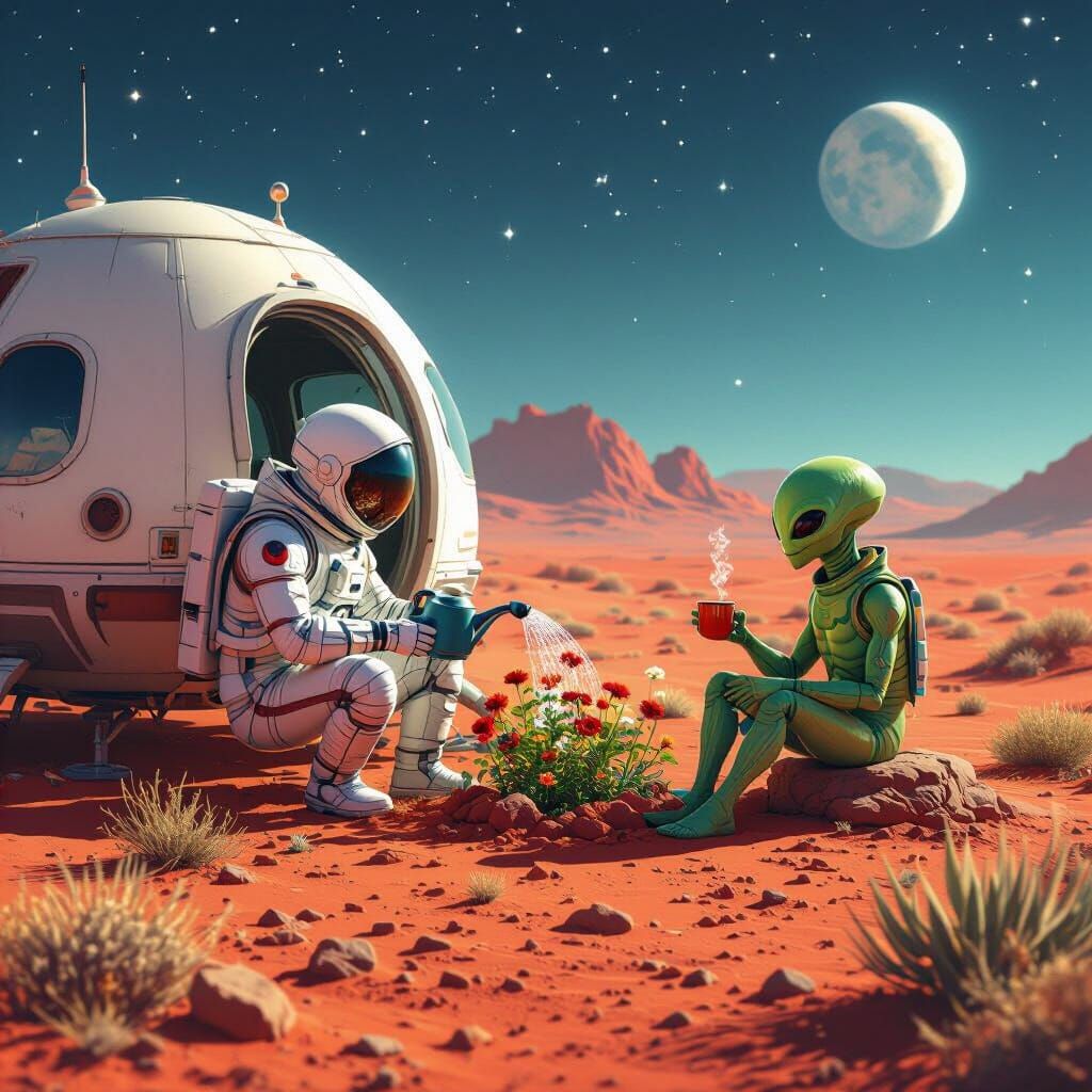 Spaceman Tends Garden on Mars with Alien Companion
