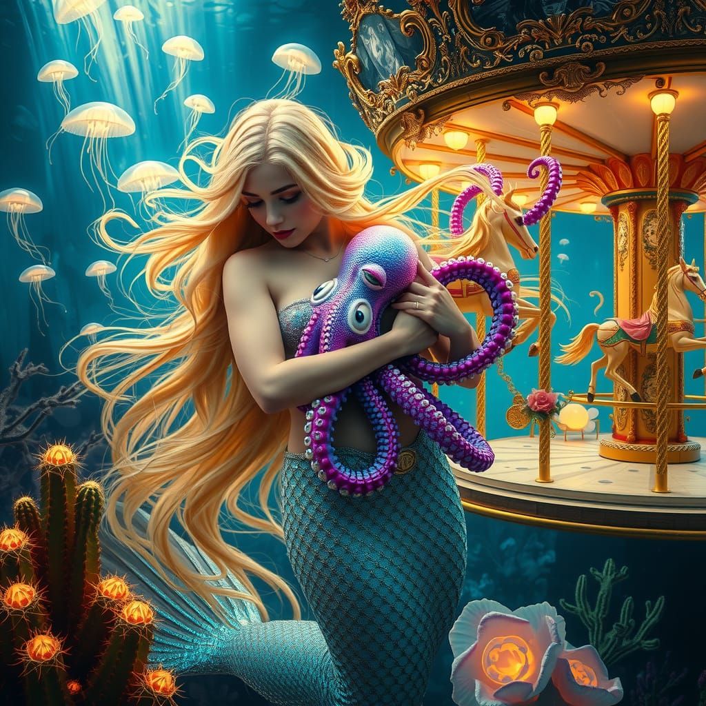 Mermaid and Octopus in Enchanted Aquarium Scene