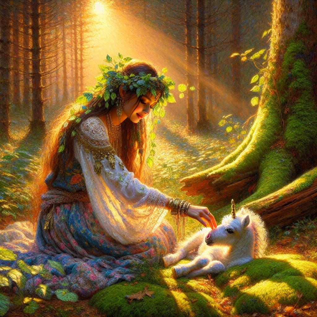 A boho style fairy petting a baby unicorn in a whimsical forest glen