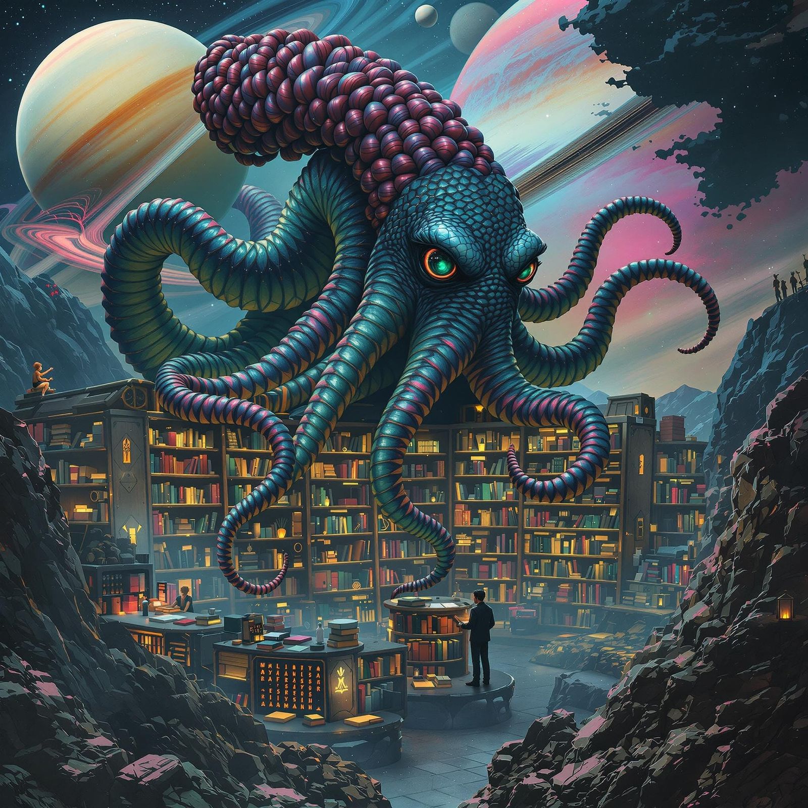 Interdimensional Kraken Shelving Books in Orbit, Dystopian F...