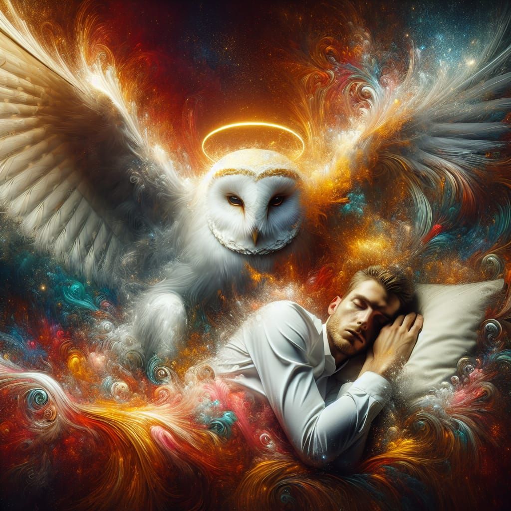 White owl guardian Angel watching over childs father