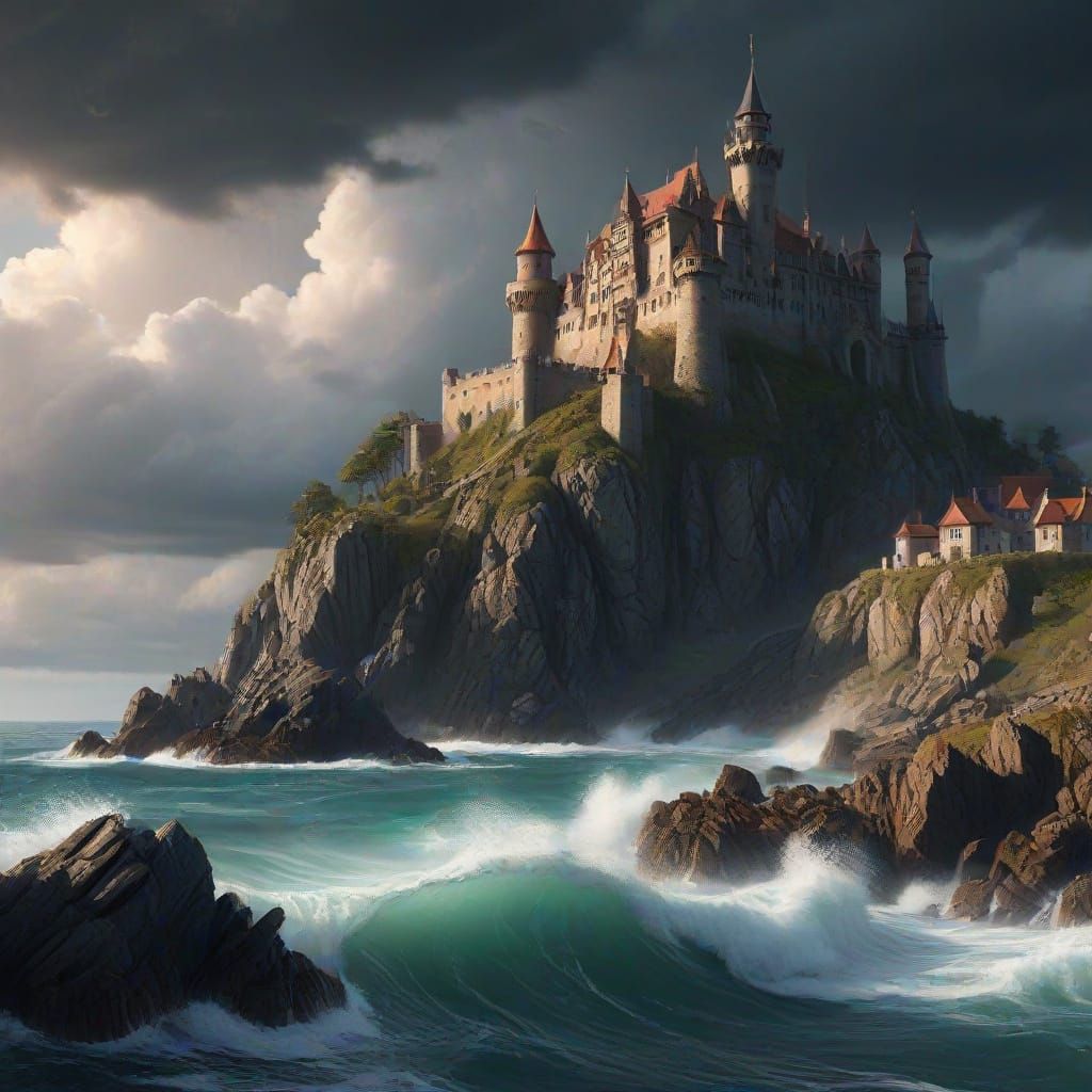 Medieval Castle on Rocky Island Amidst Stormy Seas